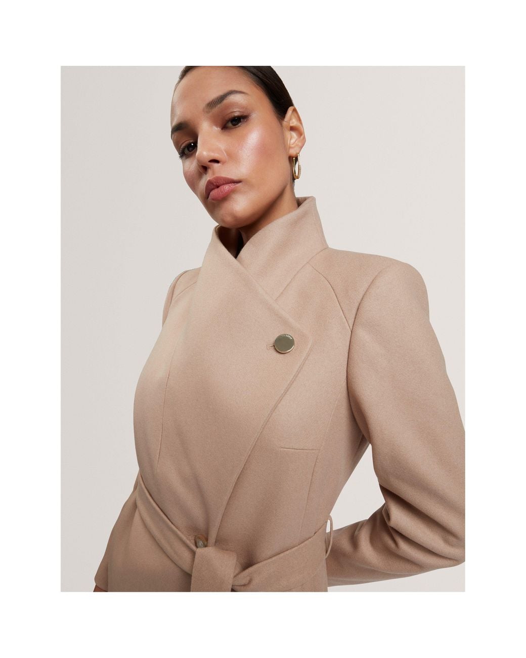 Ted Baker Natural Rose Belted Midi Wool Long Sleeve Coat