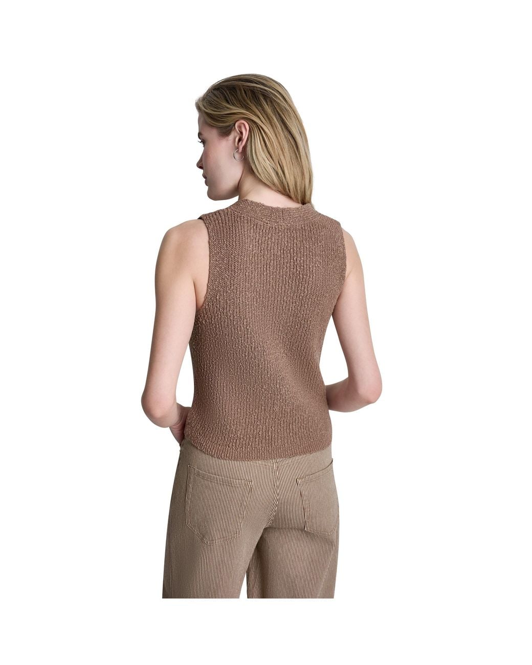 DKNY Brown Sleeveless V-Neck Rib Slub Sweater