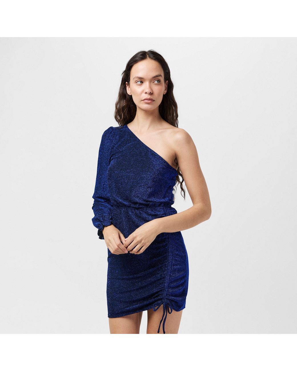 AX Paris Blue Sparkly One Sleeve Ruched Side Mini Dress