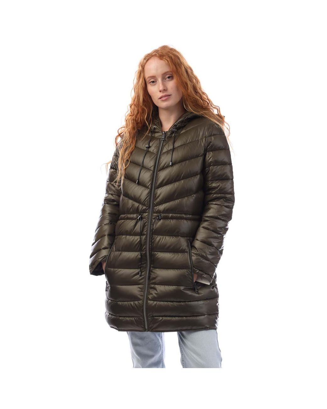 DKNY Brown Zip Front Puffer Jacket With Cinched Waist