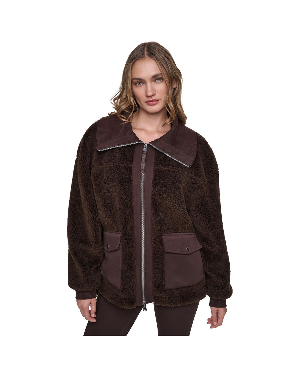 DKNY Brown Sport Funnel-Neck Oversized-Fit Sherpa Jacket