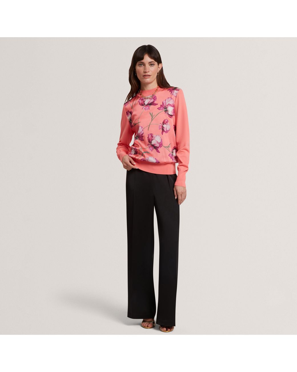 Ted Baker Pink Botanical Print Front Long Sleeve Knit Top