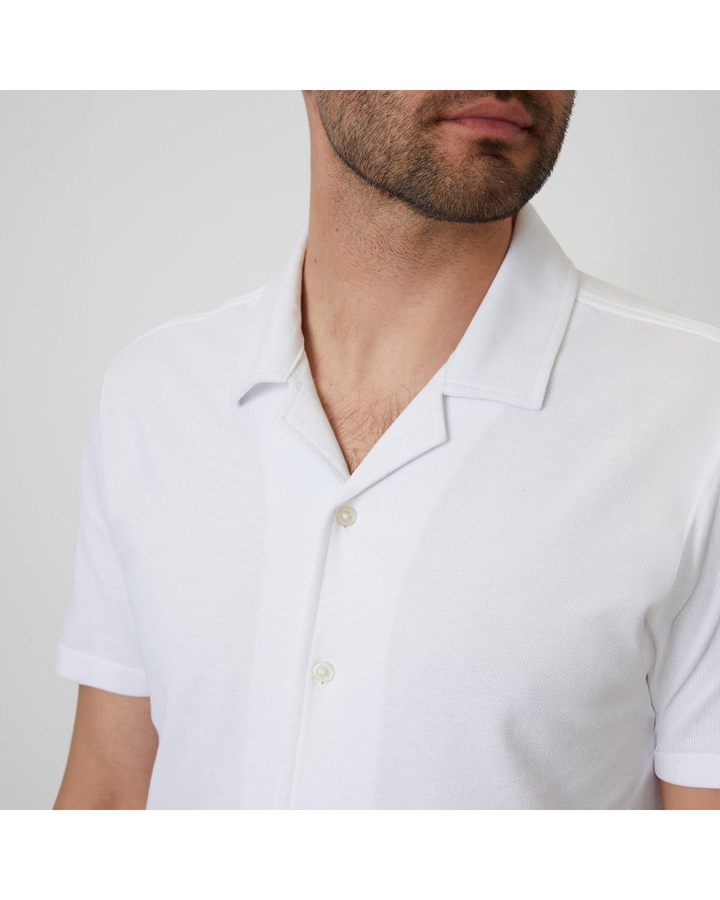 Threadbare White Cotton Pique Revere Collar Short Sleeve Shirt for men