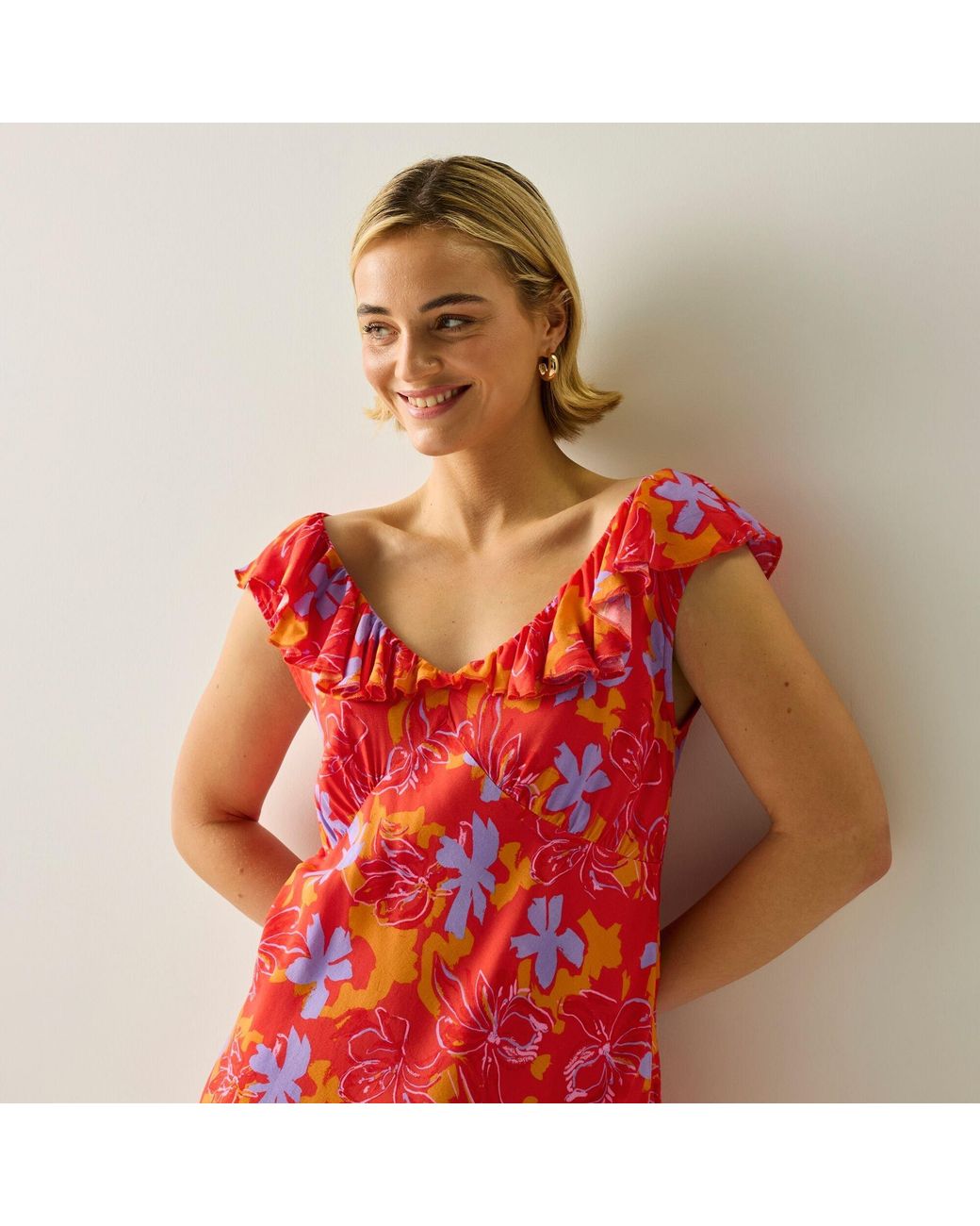 Regatta Red Casablanca V-Neck Ruffle Midi Milkmaid Dress