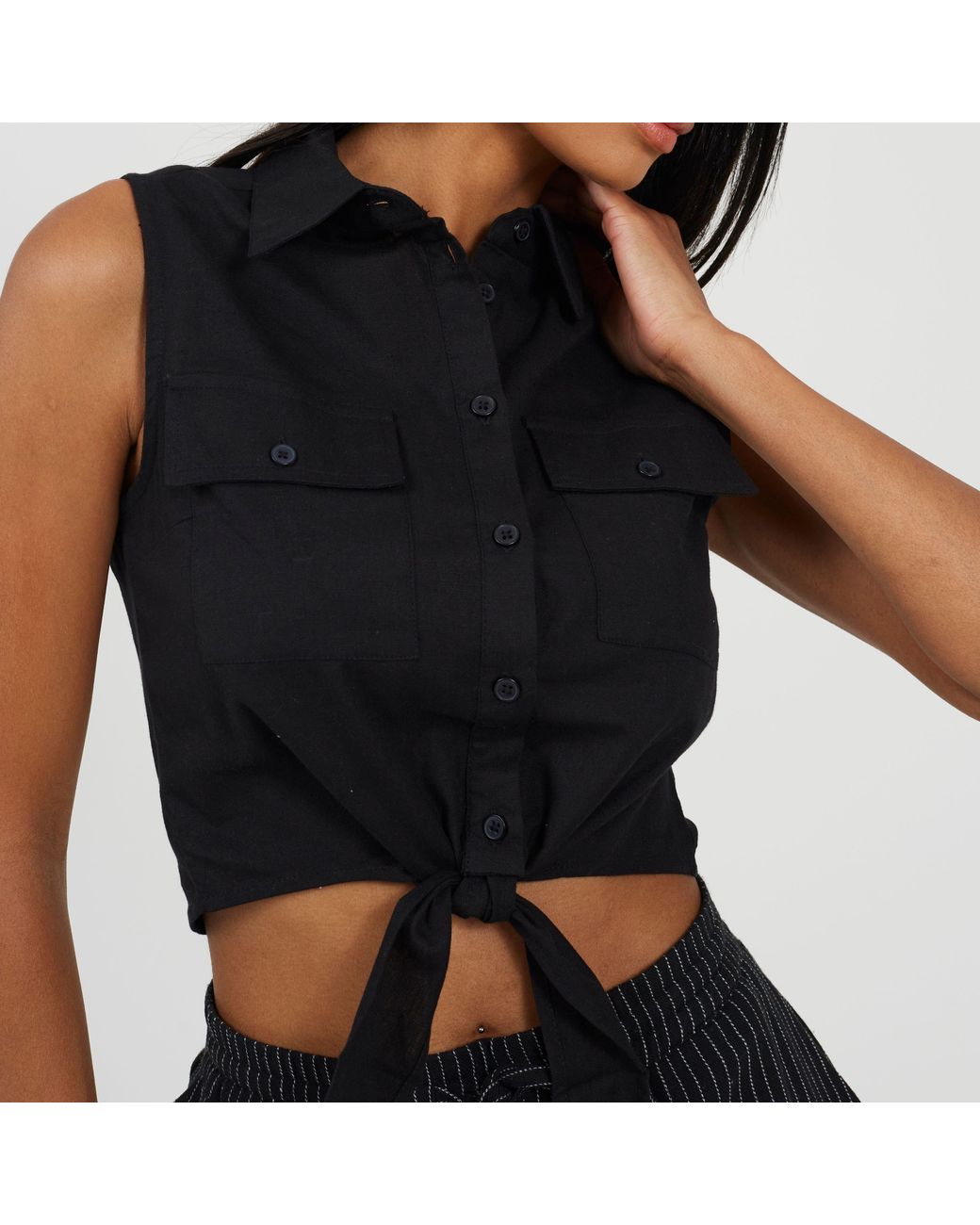 Brave Soul Black Sleeveless Collared Top With Tie Detail