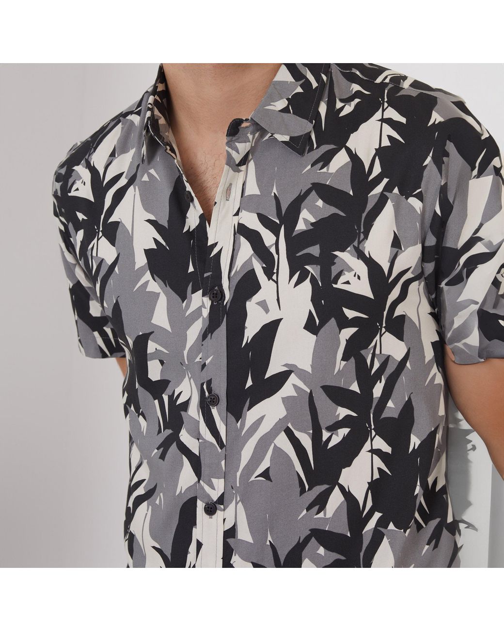 Threadbare Black Leaf Print Short Sleeve Shirt for men