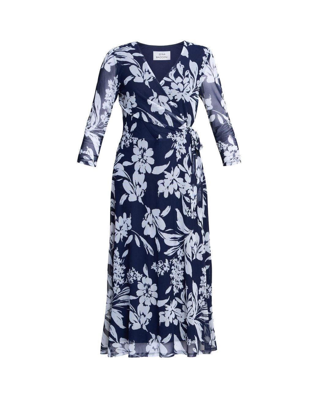 Gina Bacconi Blue Jan Floral Chiffon Wrap Midi Dress
