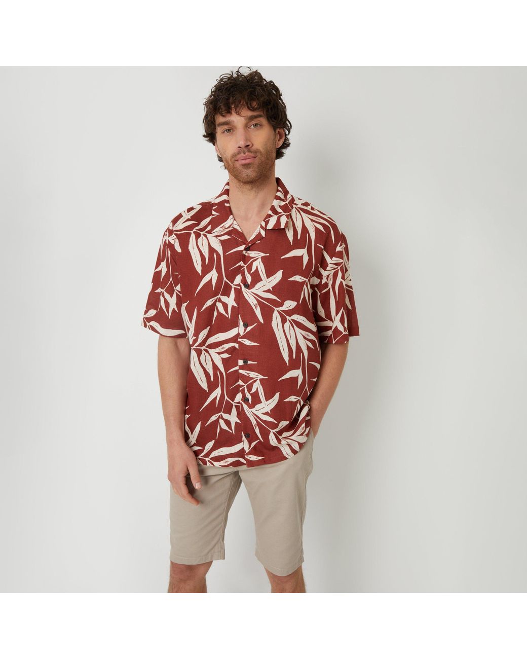 Threadbare Red Revere Collar Leaf Print Short Sleeve Shirt for men