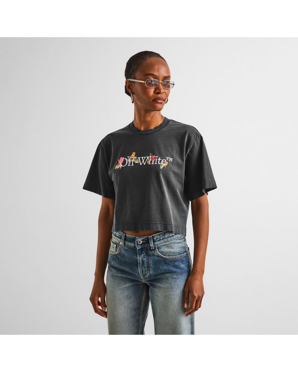 Off-White c/o Virgil Abloh Black Short-Sleeve Floral Cotton Cropped T-Shirt