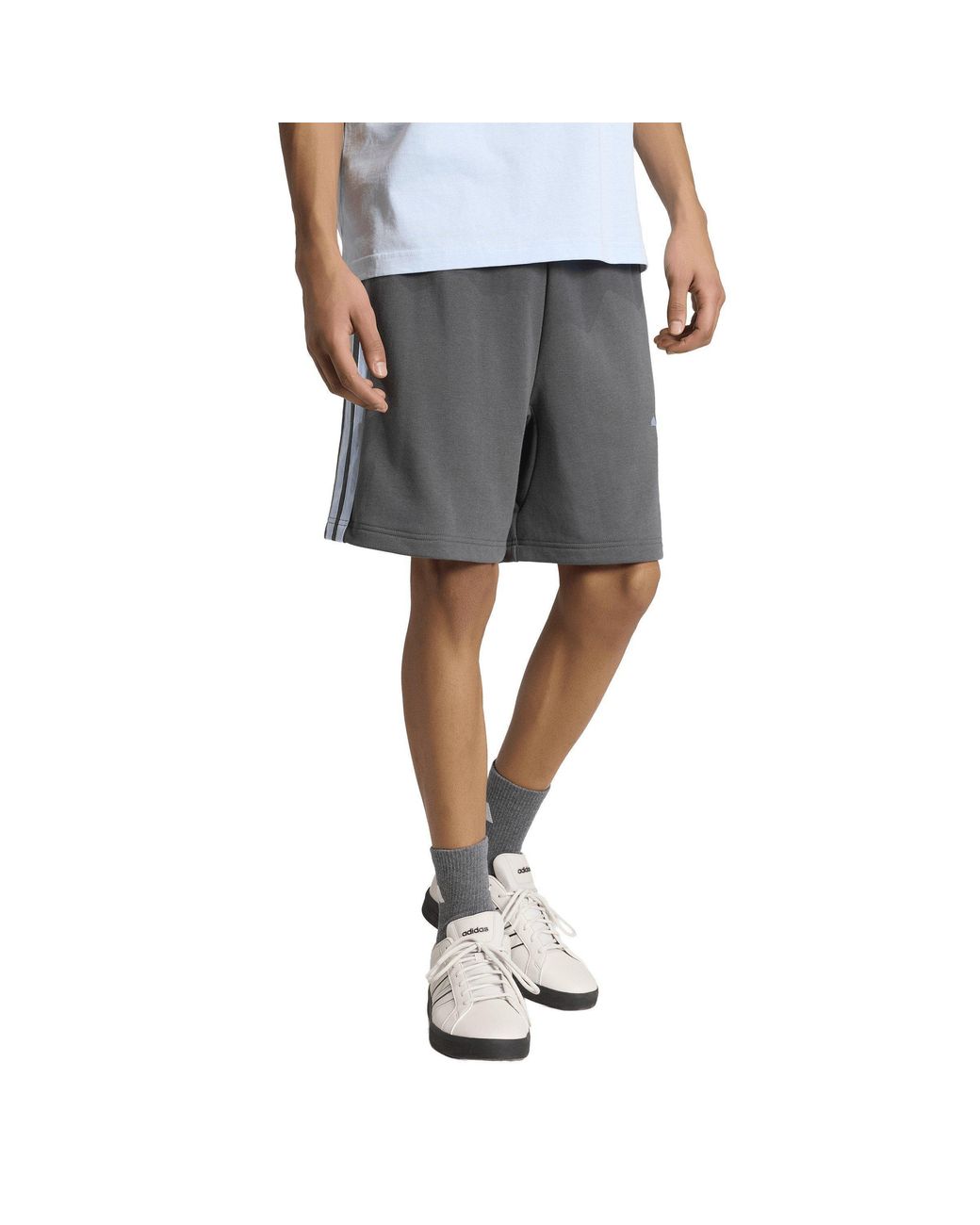 Adidas Gray Essentials 3 Stripe Fleece Shorts for men