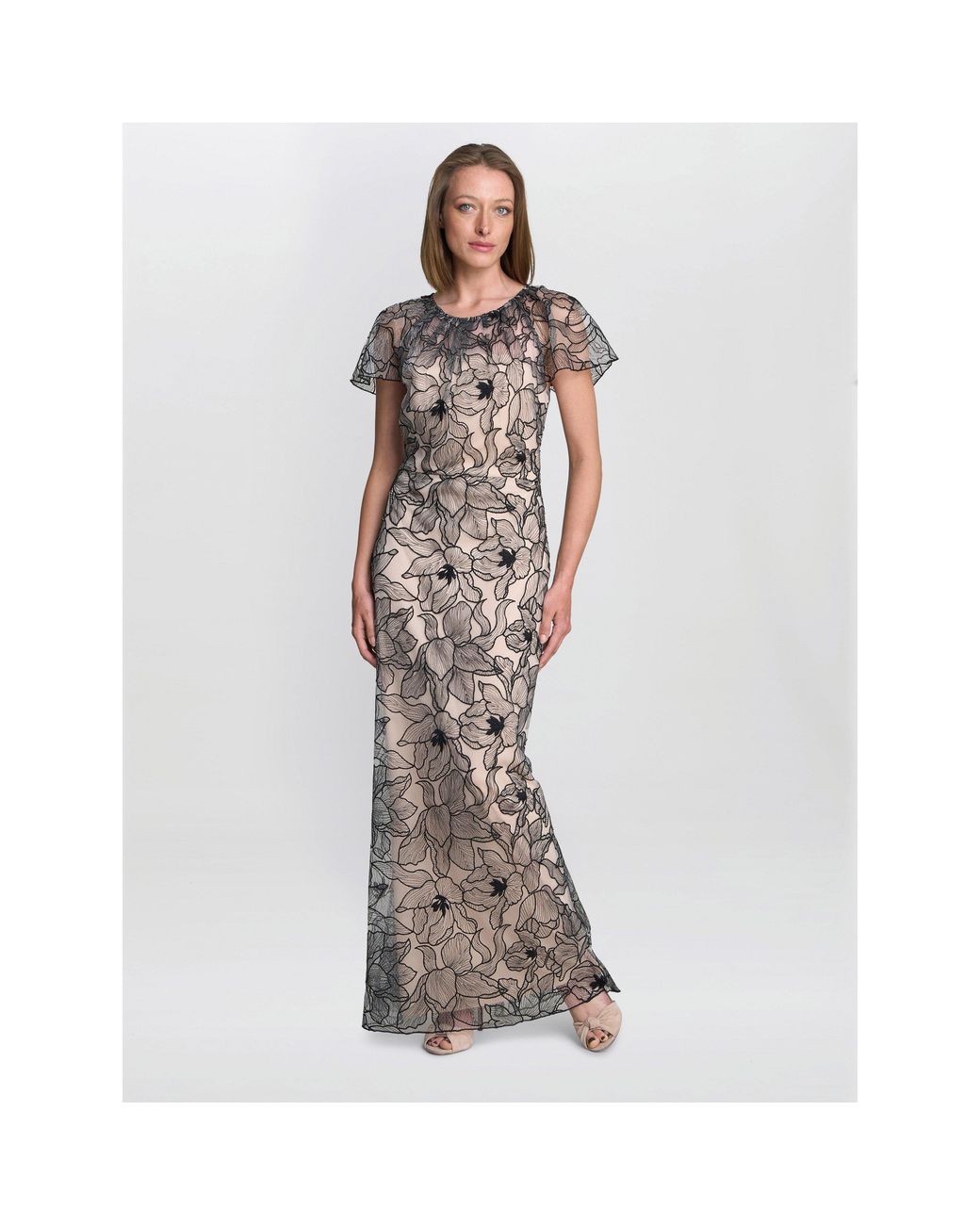 Gina Bacconi Gray Marie-Claire Floral Mesh Maxi Dress