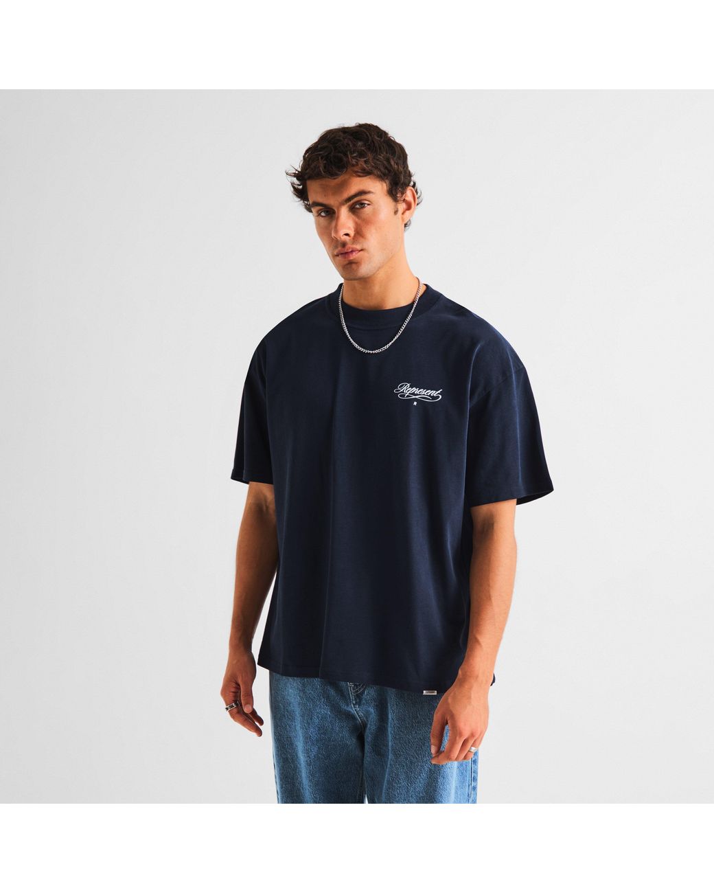 Represent Blue Script R Oversized T-Shirt for men