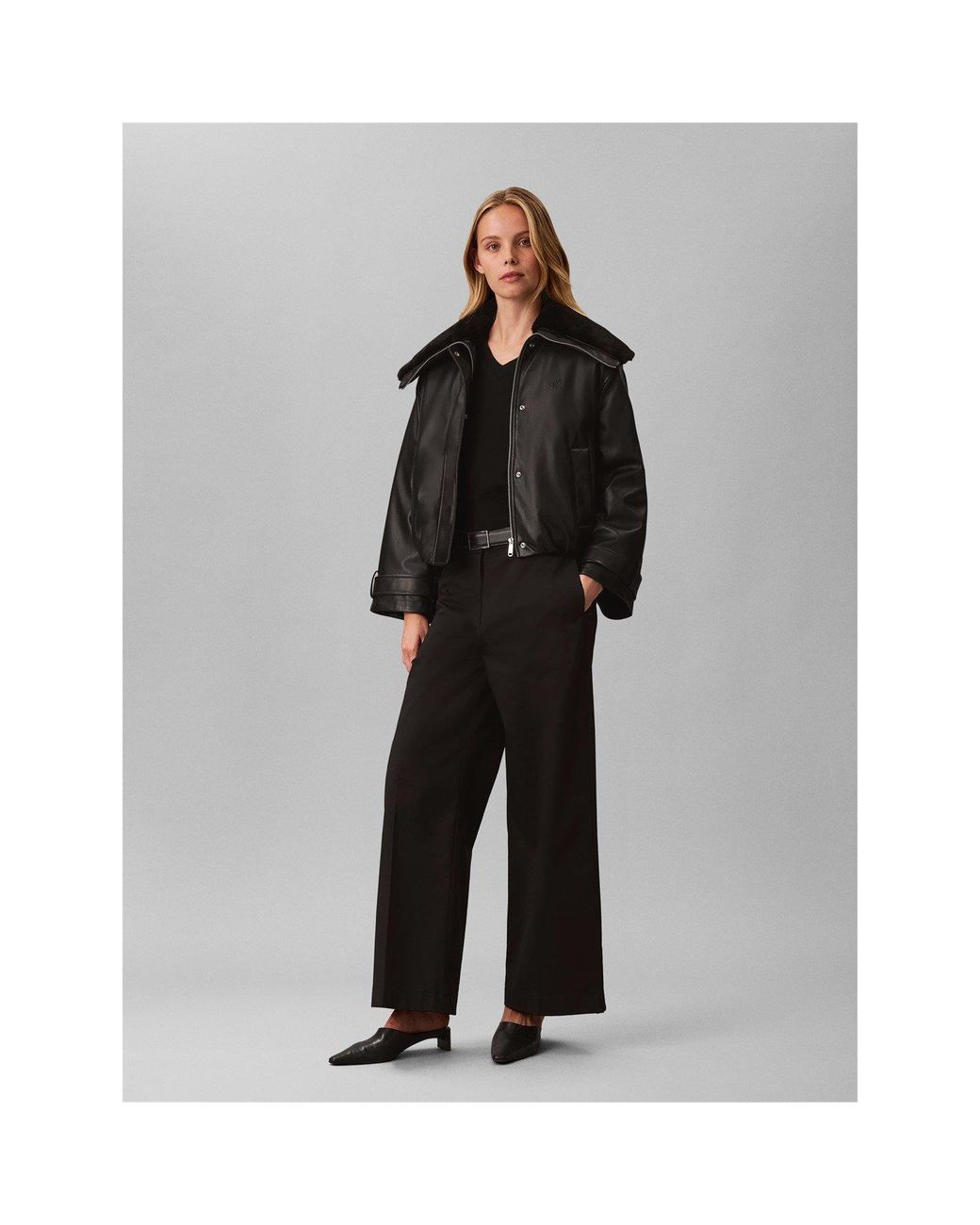Calvin Klein Black Cropped Faux Leather Bomber Jacket