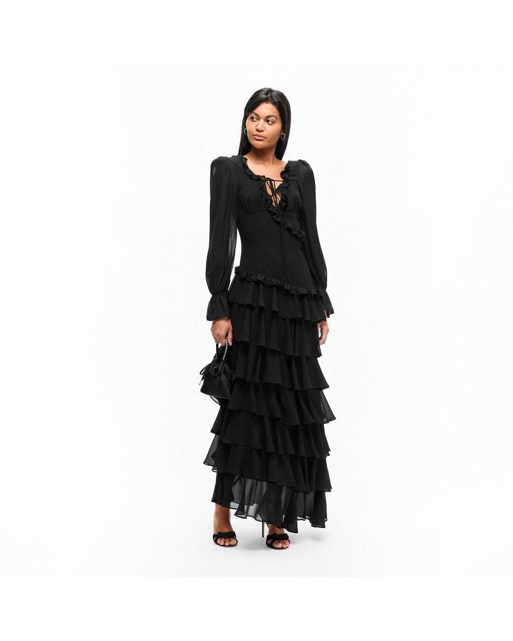 Anne Louise Boutique Black Ruffle Tie Neck Long-Sleeve Maxi Dress