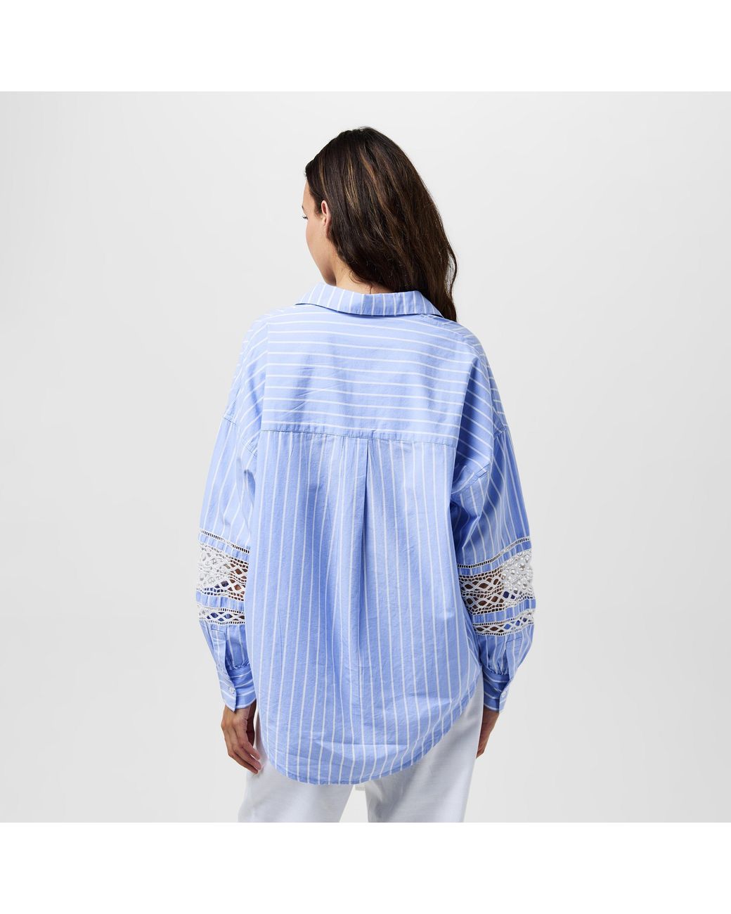 French Connection Blue Cambria Stripe Embroidered Long-Sleeve Patterned Shirt