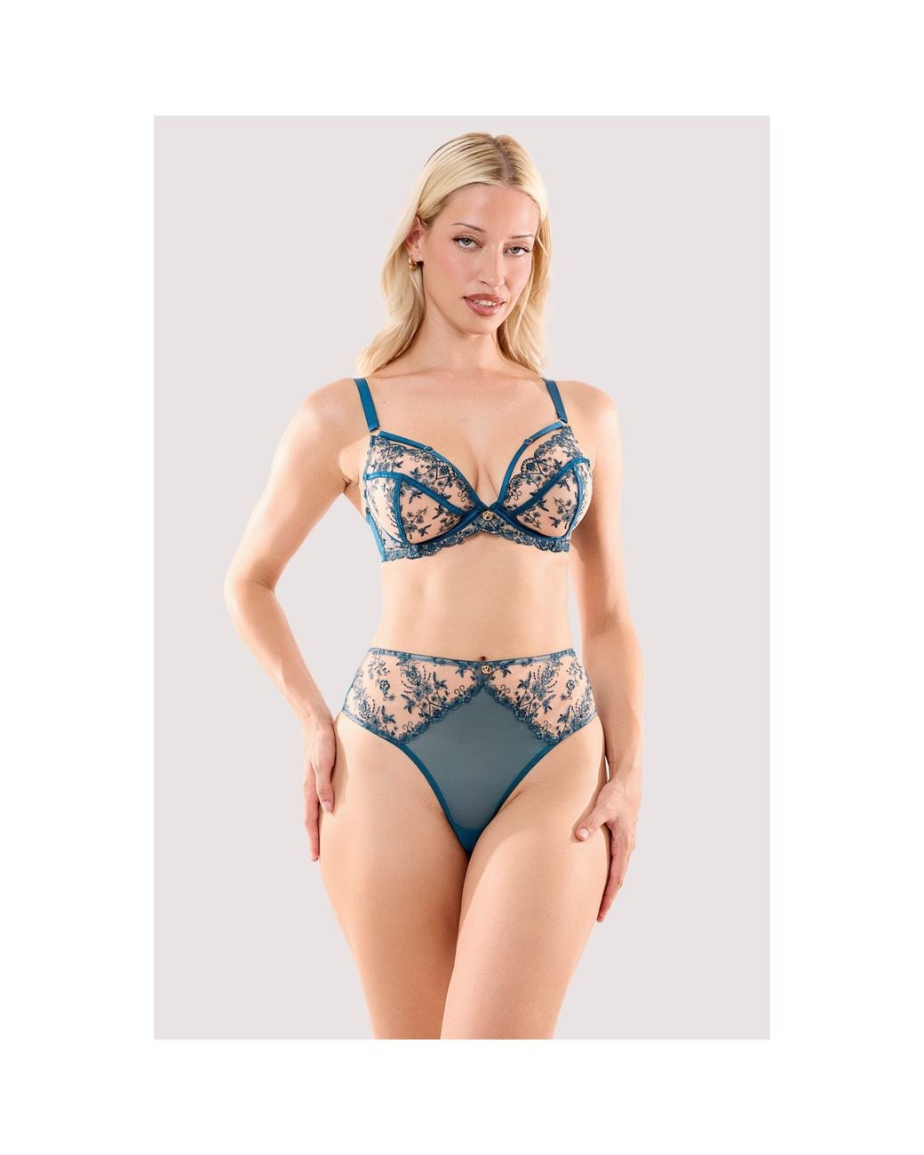Playful Promises Blue Cassia Embroidery High Waist Thong
