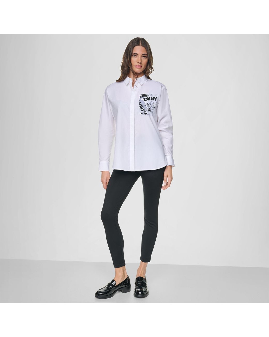 DKNY White Pocket Print Cotton Long-Sleeve Patterned Shirt