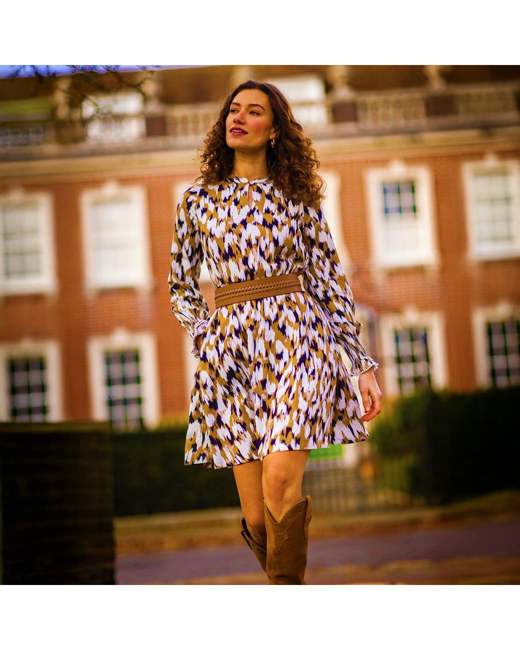 Brakeburn Brown Hunter Midi Print Wrap Dress