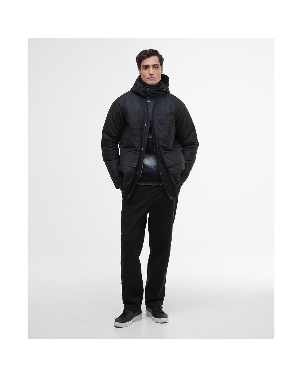 Barbour Black Oakdale Hooded Long Sleeve 4 Pockets Full Zip Wax Jacket for men