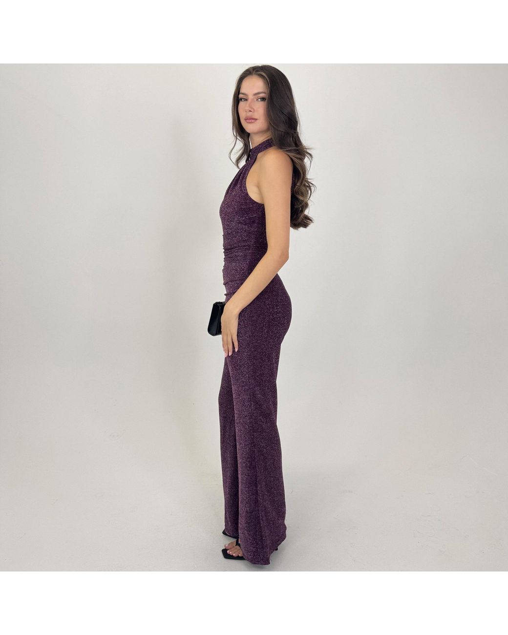 AX Paris Purple Sparkle Halter Neck Draped Waist Jumpsuit
