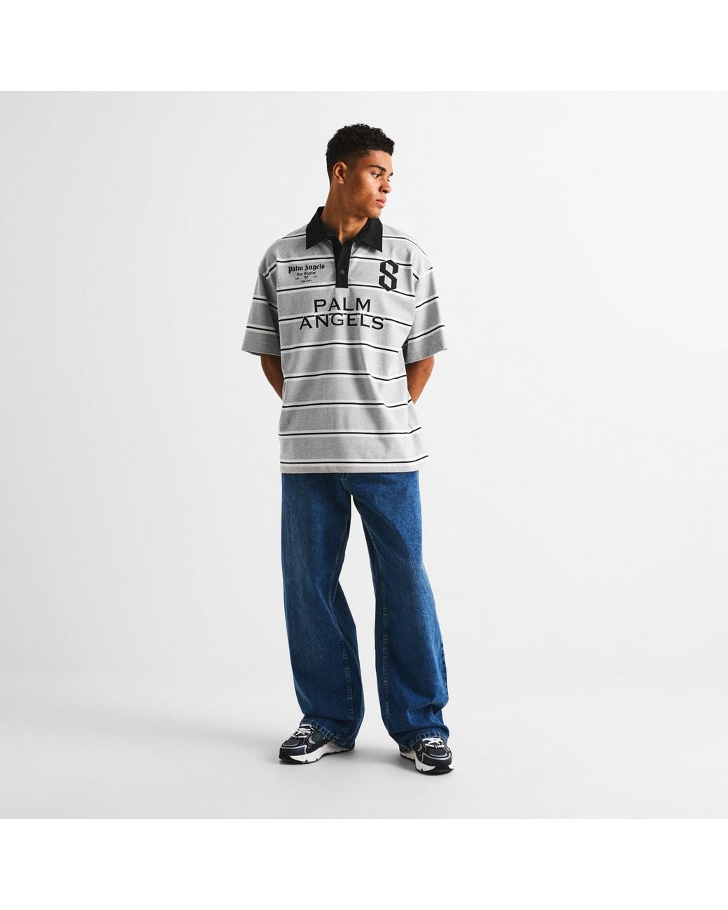 Palm Angels Gray Striped Cotton Oversized-Fit Short-Sleeve Polo Shirt for men