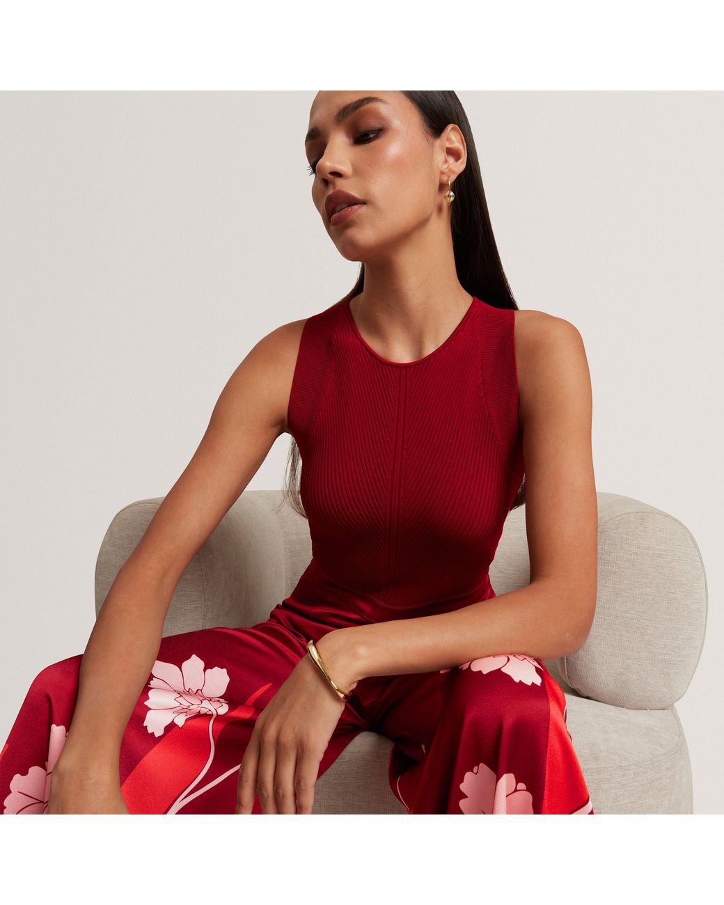 Ted Baker Red Knit Bodice Floral Printed Trouser Jumpsuit