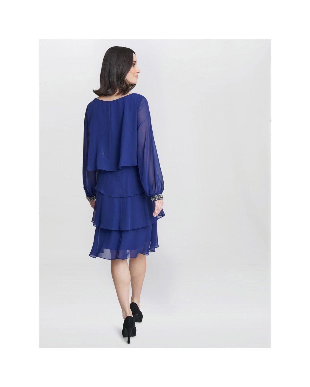 Gina Bacconi Blue Sakura Long Sleeved Tiered Dress
