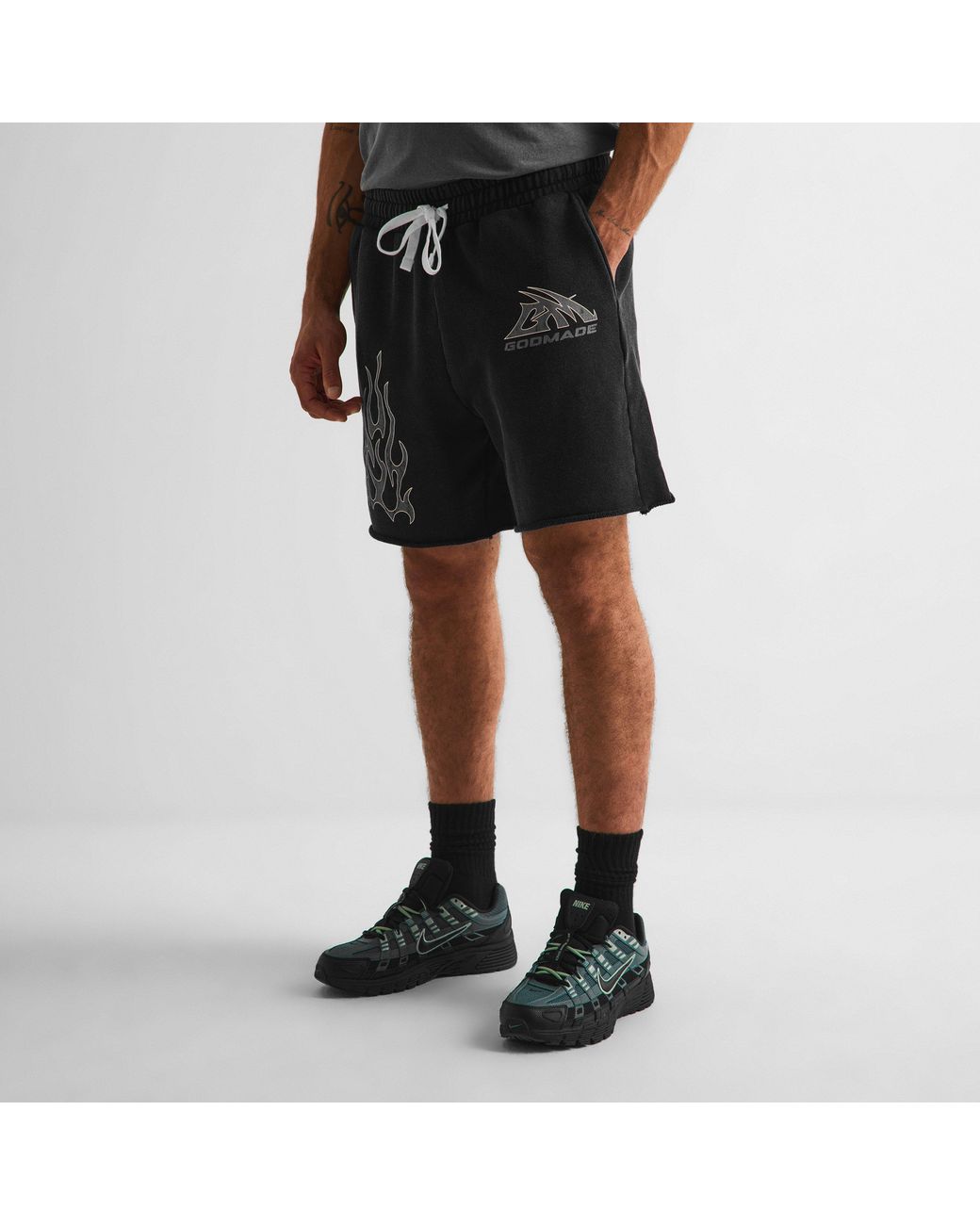 God Made Black Fleece Jogger Shorts for men