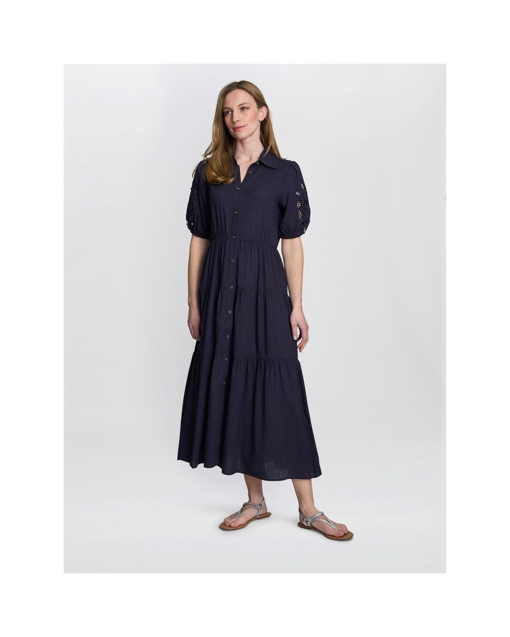 Gina Bacconi Blue Carey Puff Sleeve A-Line Dress