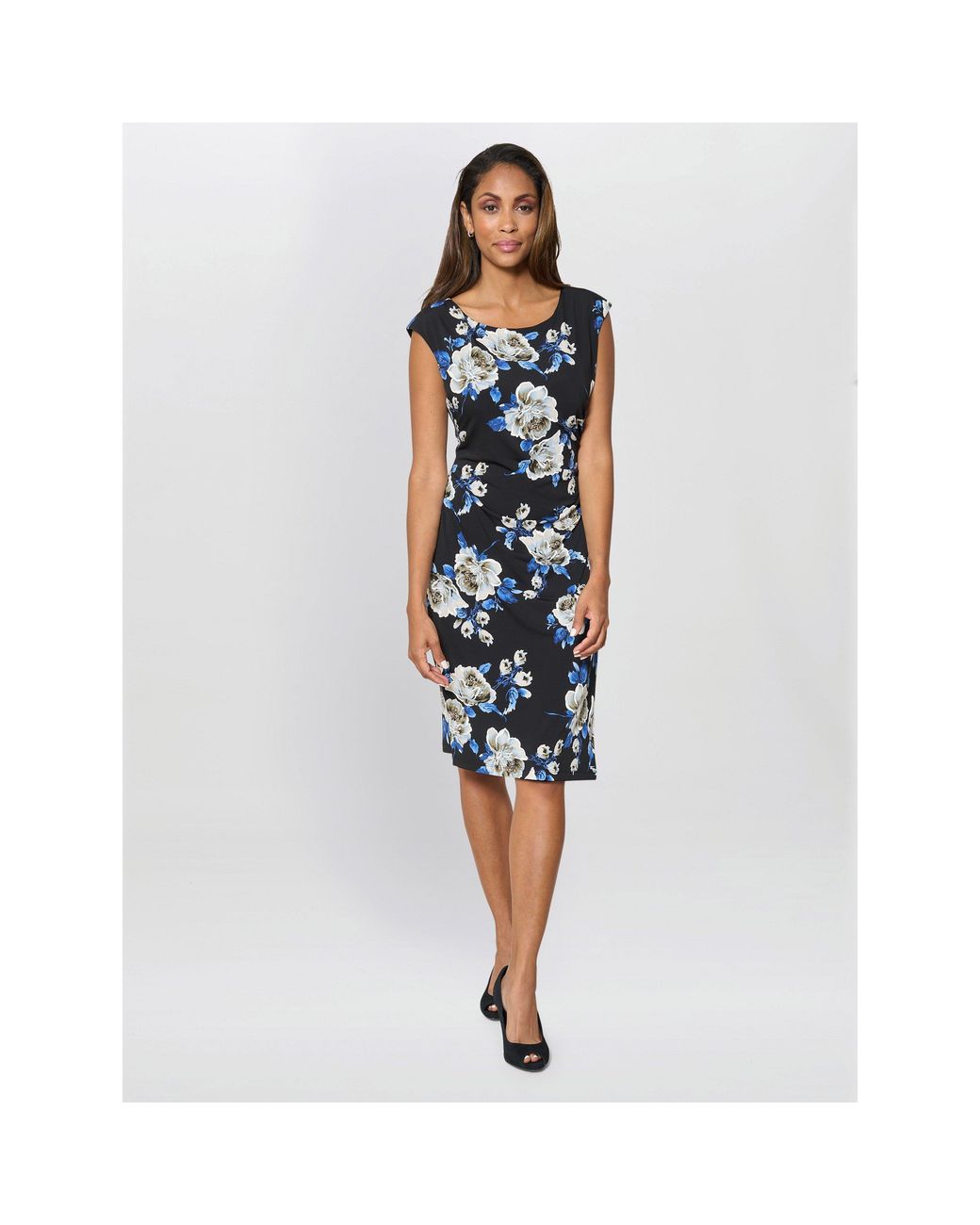 Gina Bacconi Blue Cybil Floral Print Sleeveless Dress