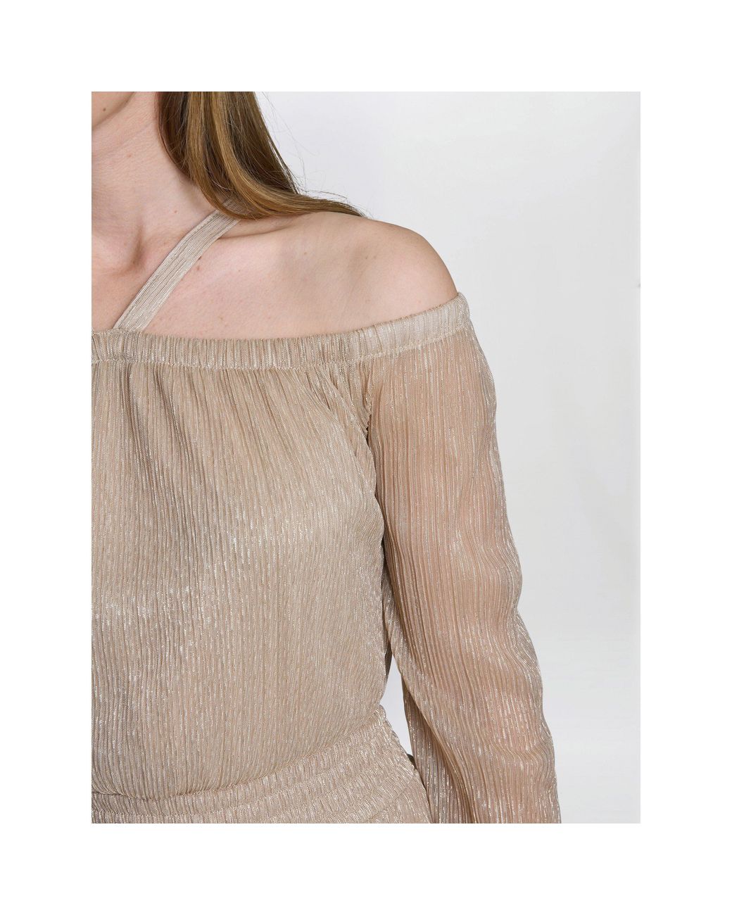 Gina Bacconi Natural Sylvia Metallic Off The Shoulder Dress