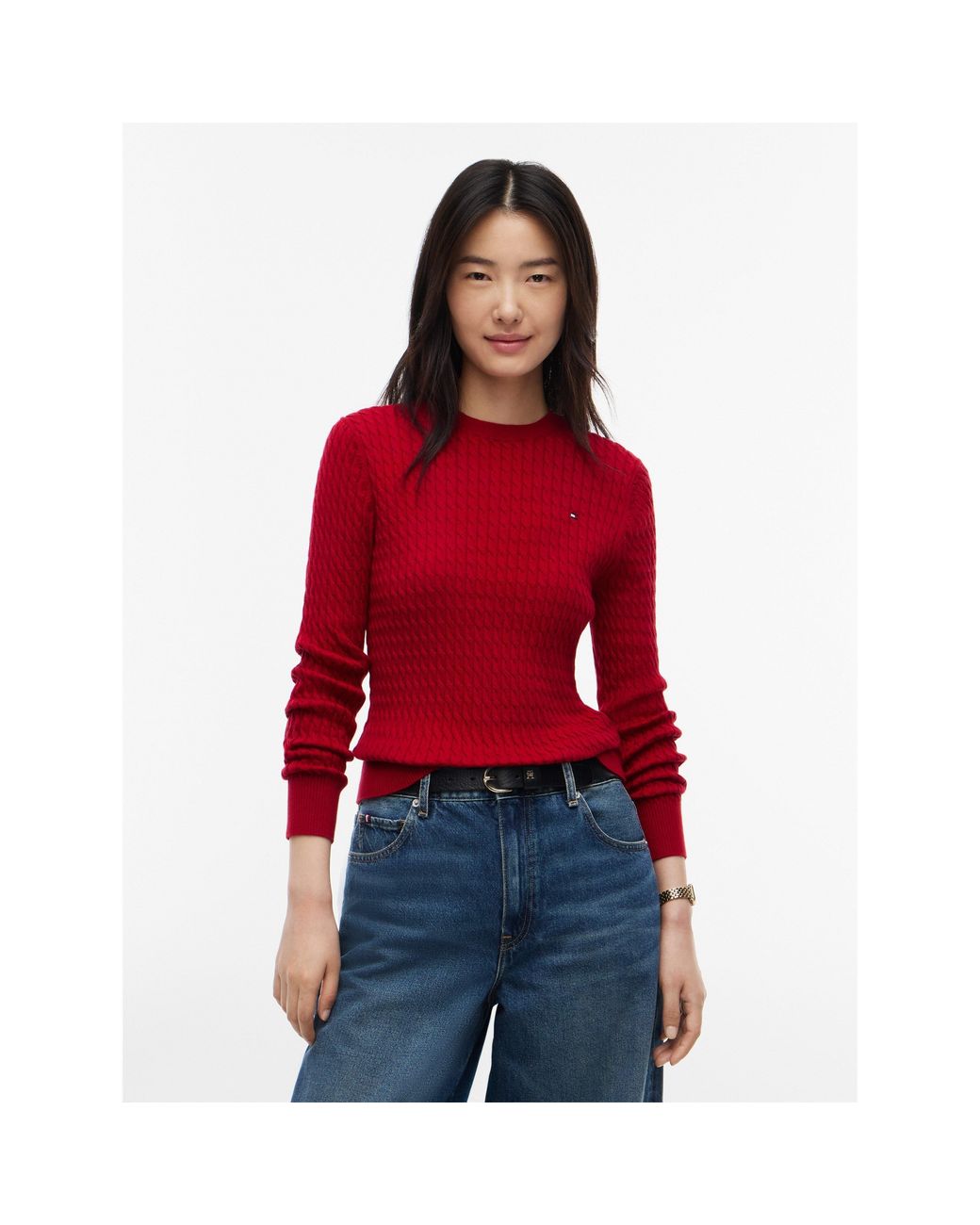 Tommy Hilfiger Red Cable Fine Knit Cotton Long-Sleeve Jumper