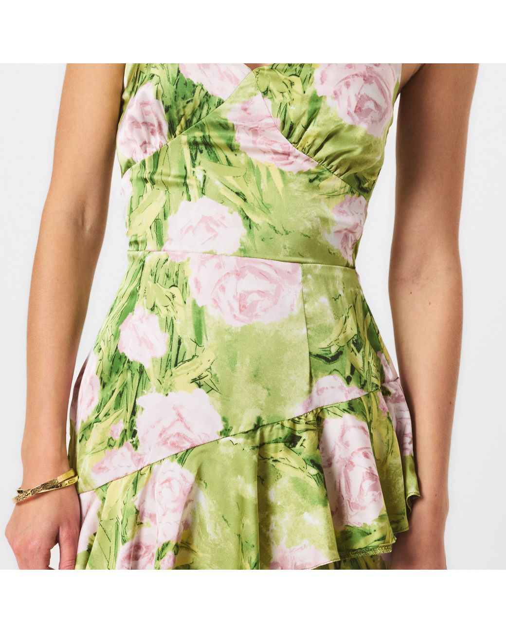 AX Paris Green Floral Satin Ruffle Midi Dress