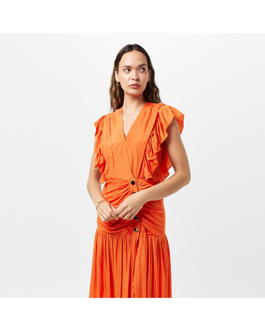 AX Paris Orange Frill Shoulder Button Front Midi Dress