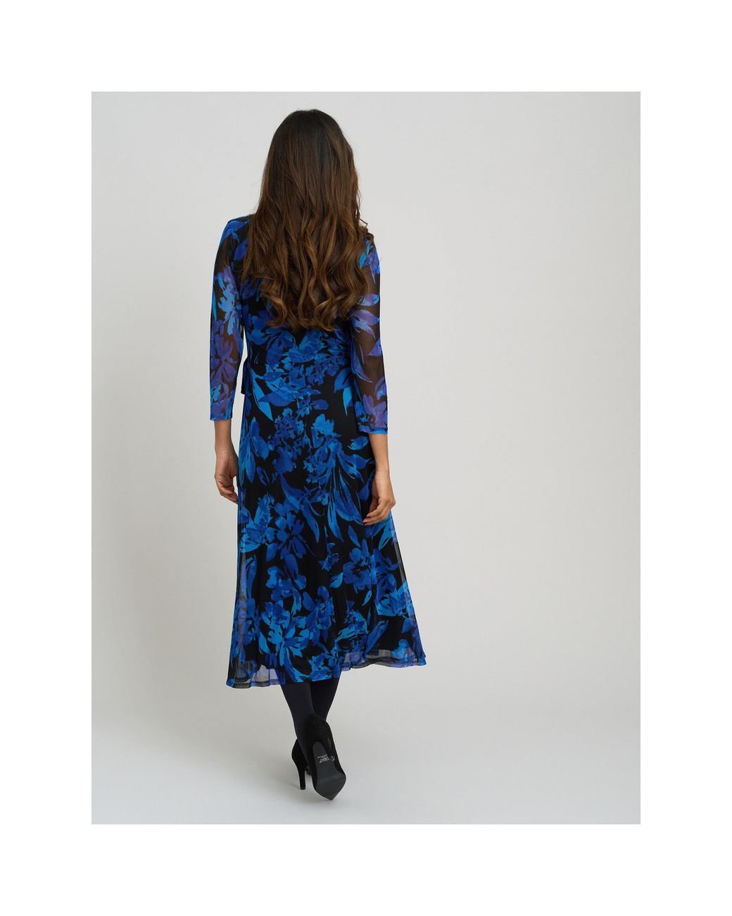 Gina Bacconi Blue Indie Floral Mesh Wrap Midi Dress