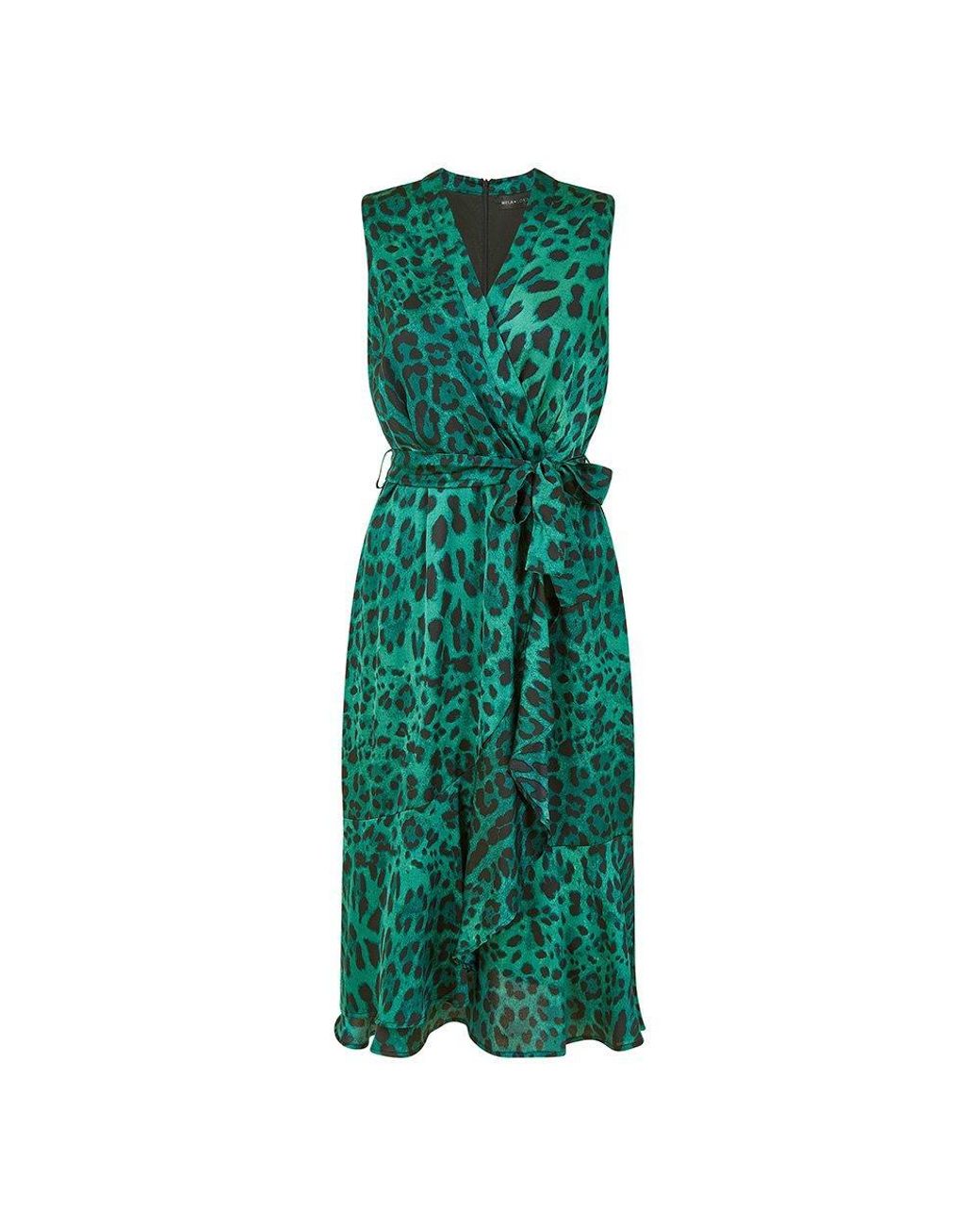 Mela London Green Animal Print Satin Midi Wrap Dress