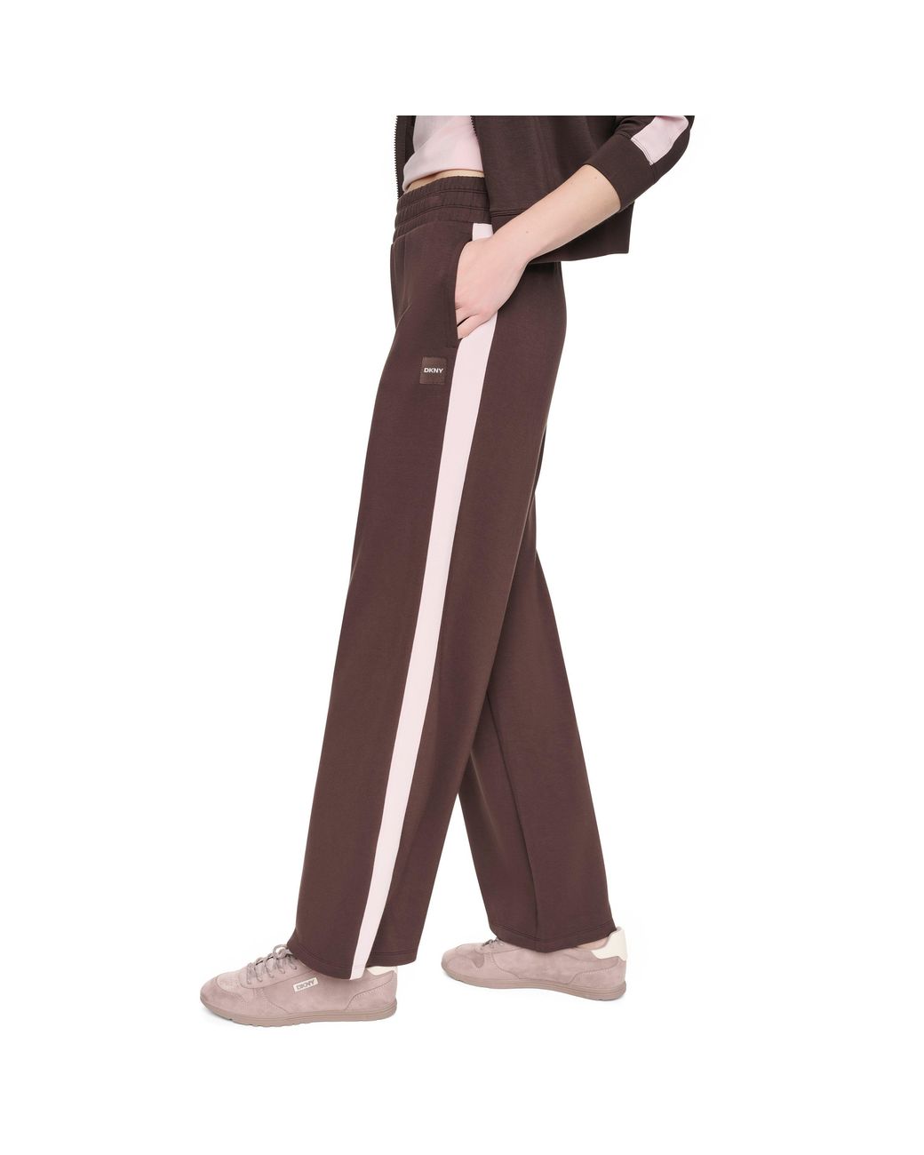 DKNY Brown Sport Striped Fleece Open-Hem Wide-Leg Joggers