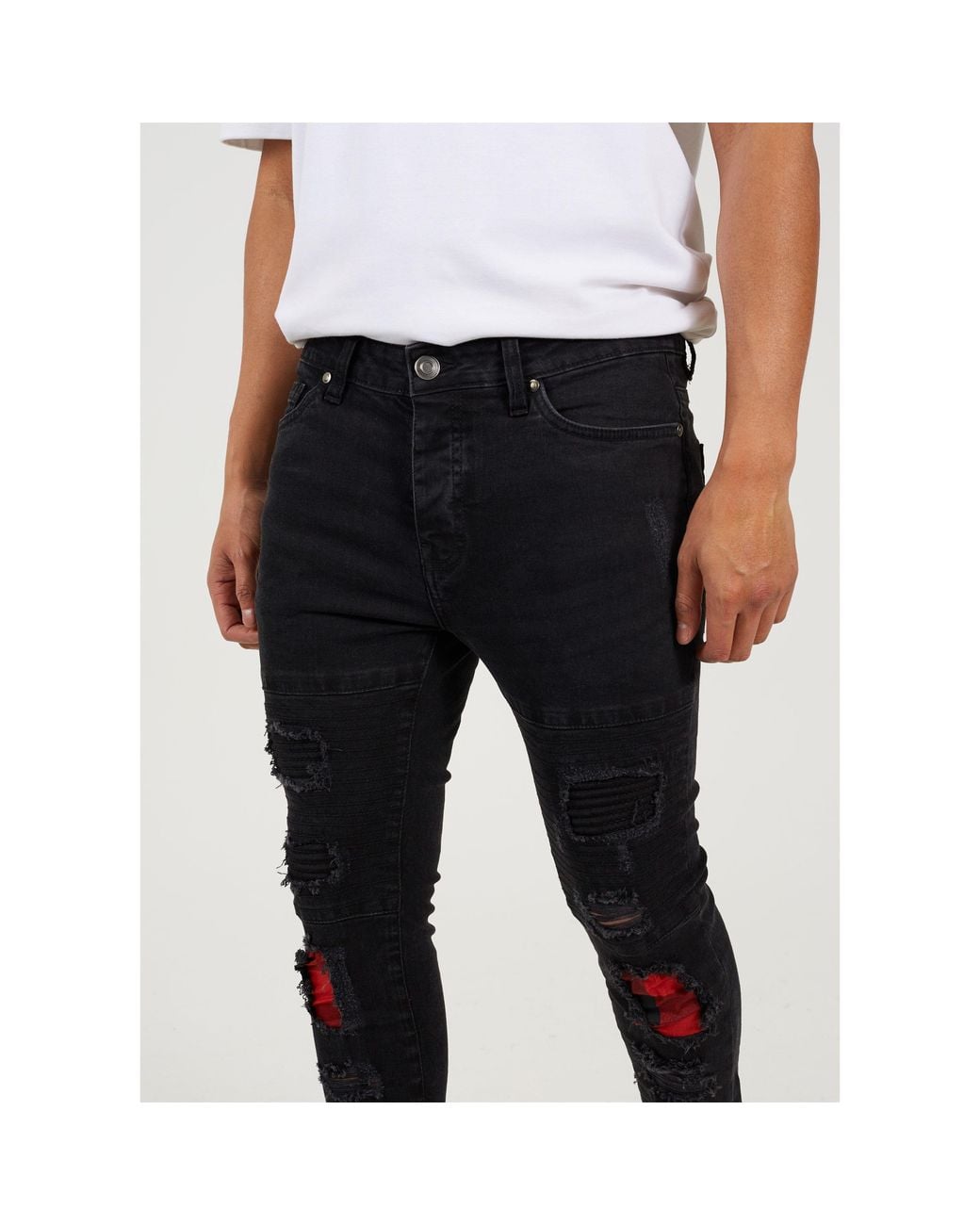 Brave Soul Black Biker Jean With Contrast Cut Out Panels for men