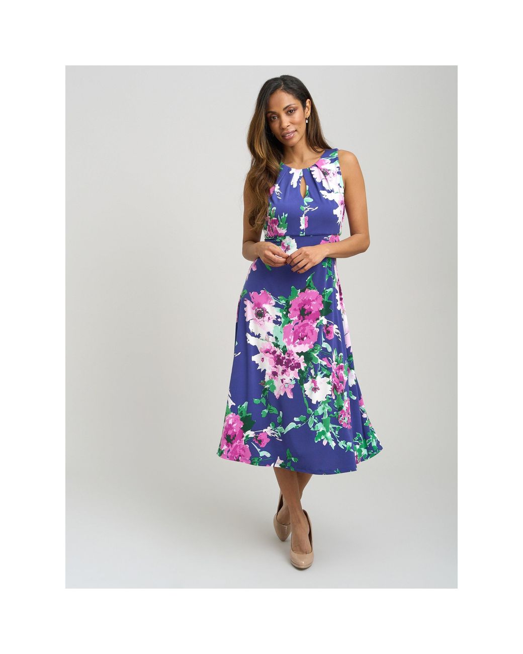 Gina Bacconi Blue Mary Ann Sleeveless Keyhole Print Midi Dress