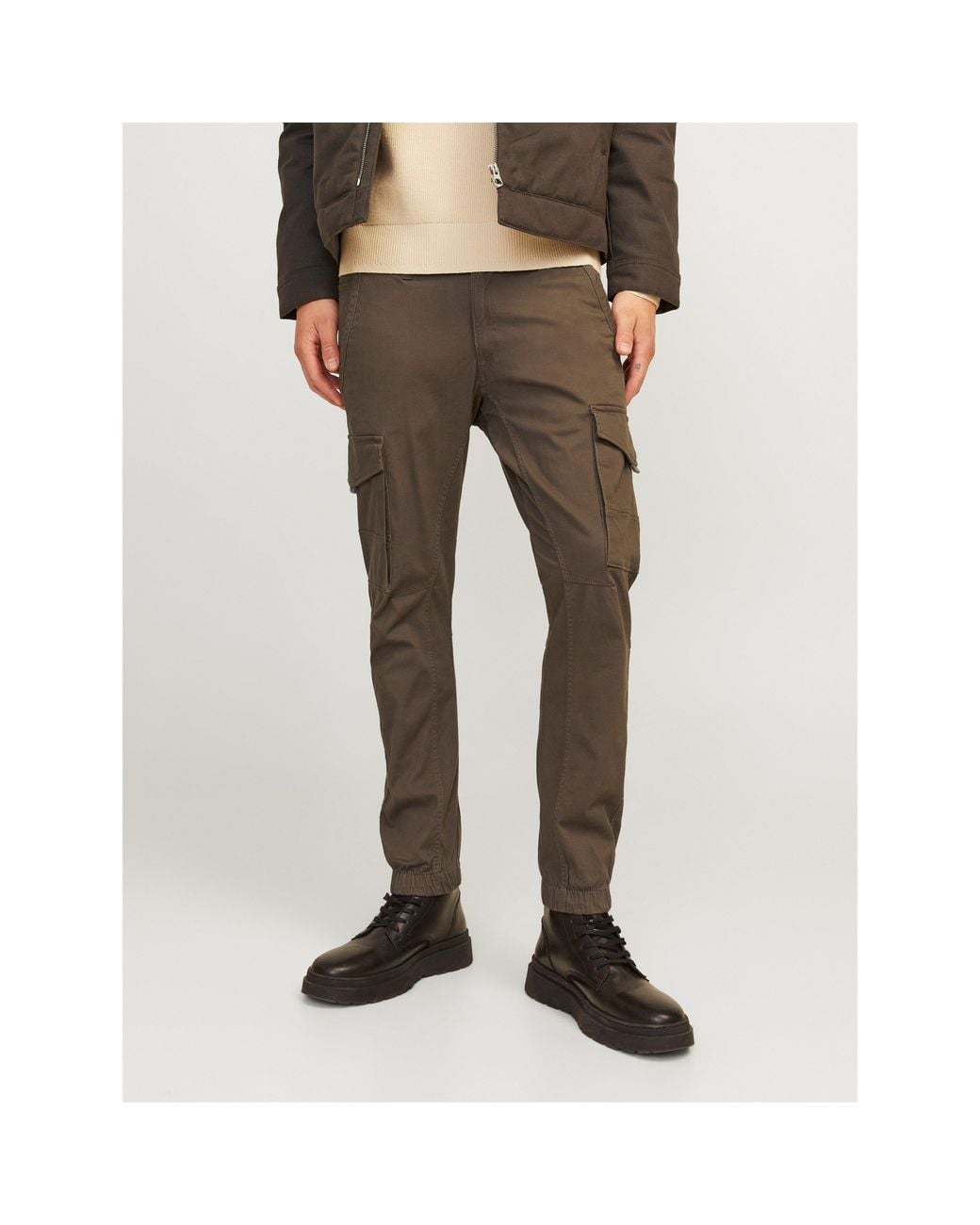Jack & Jones Brown And Paul Cargo Ribbed Hem Straight Leg Pants for men