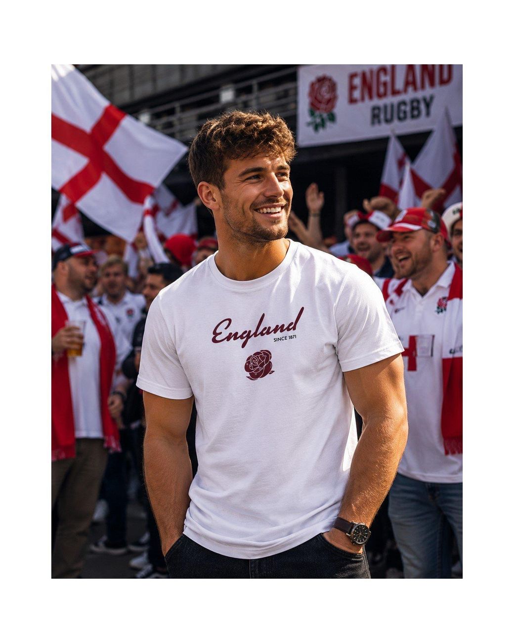 AWD White Adults Printed England Rugby Fan Tee
