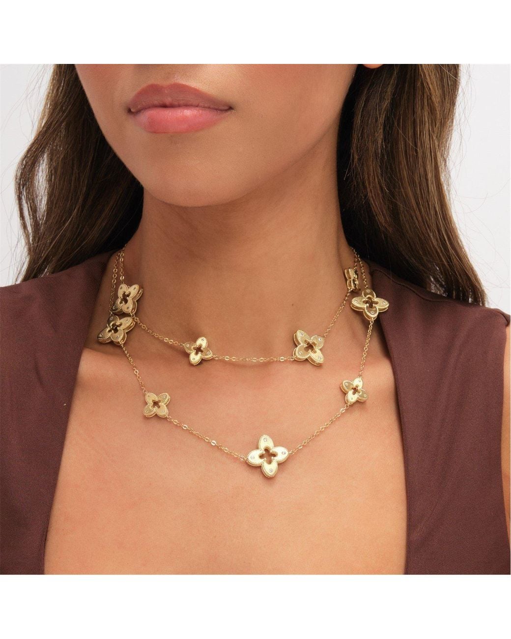 Jon Richard Metallic Plated Textured Crystal Clover Long Necklace