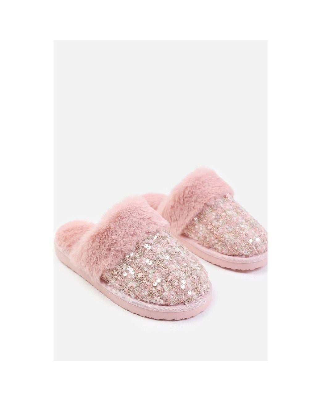 Where's That From Brown Where's Sequin Tweed Mule Slippers With Faux Fur Trim