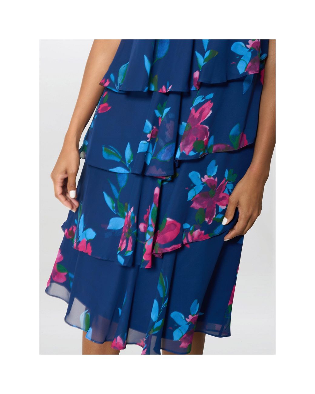 Gina Bacconi Blue Talie Tiered Floral Chiffon Dress