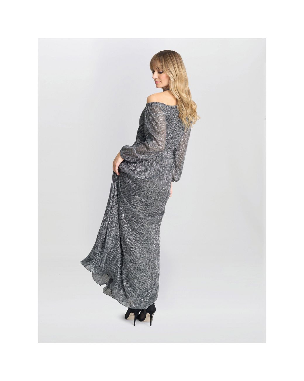 Gina Bacconi Gray Sylvia Metallic Off The Shoulder Dress