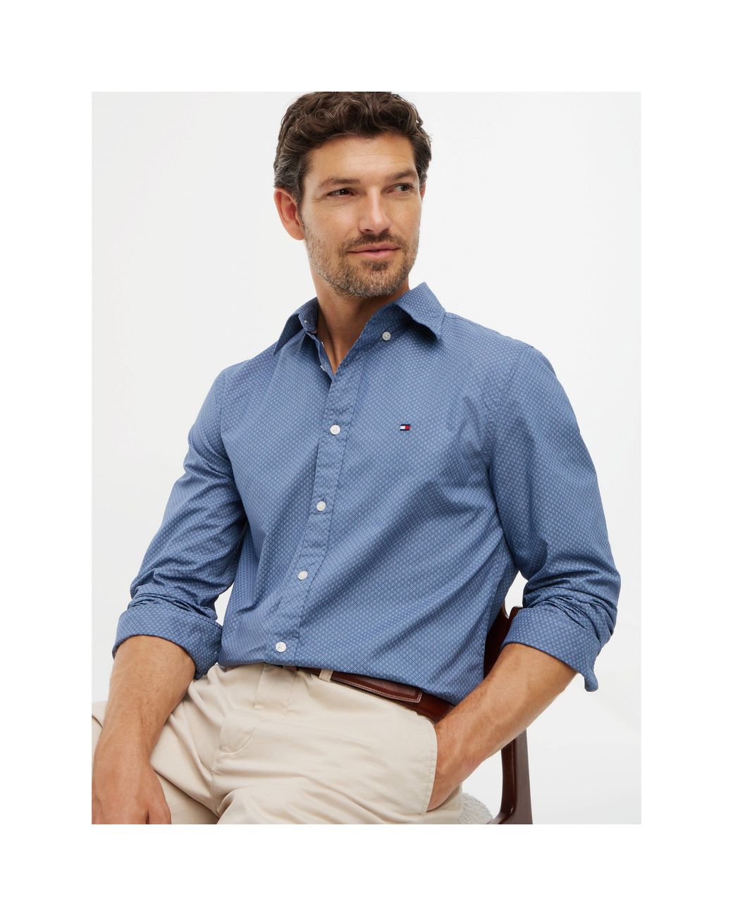 Tommy Hilfiger Blue Cotton Long-Sleeve Geometric Print Shirt for men