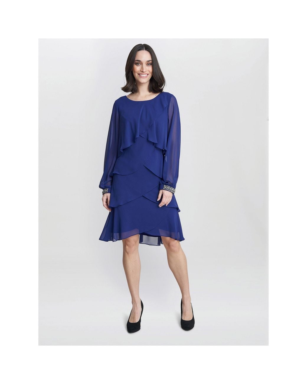 Gina Bacconi Blue Sakura Long Sleeved Tiered Dress