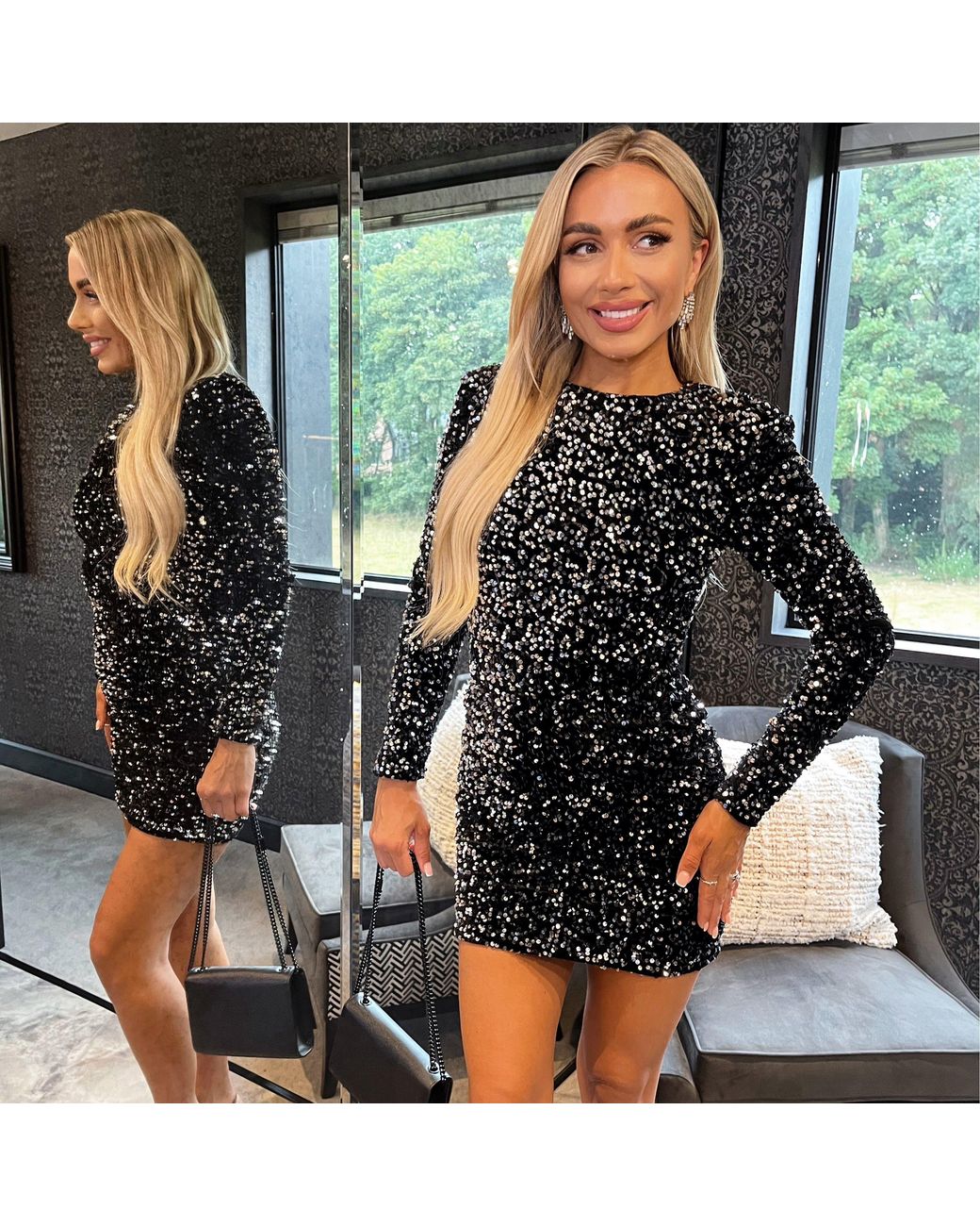 AX Paris Black Velvet Sequin Long Sleeve Bodycon Mini Dress