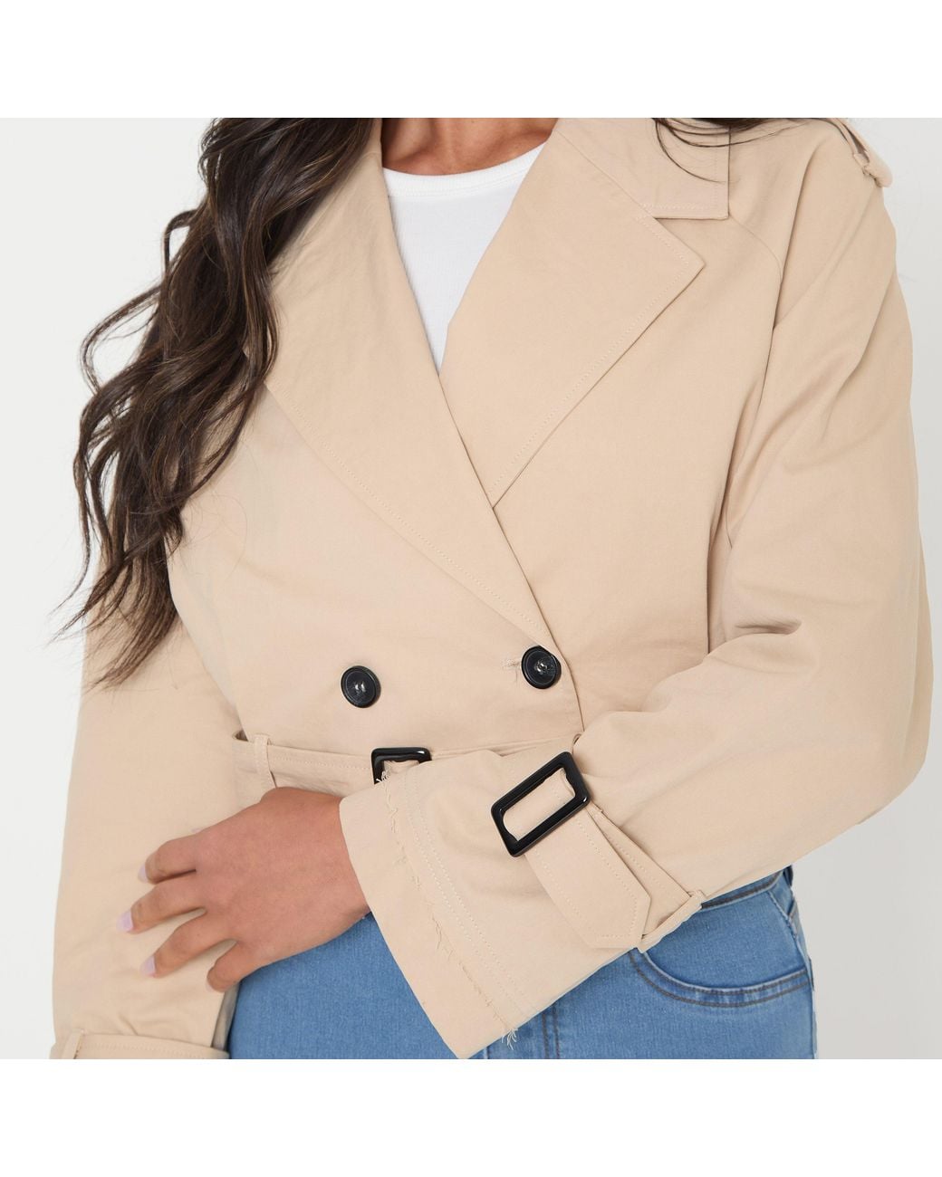 I Saw It First Blue Cropped Belted Long Sleeve Trench Coat