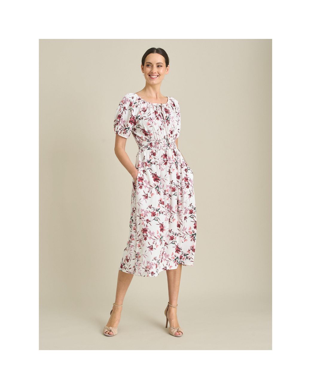 Gina Bacconi Natural Perrie Smock Waist Floral Print Dress